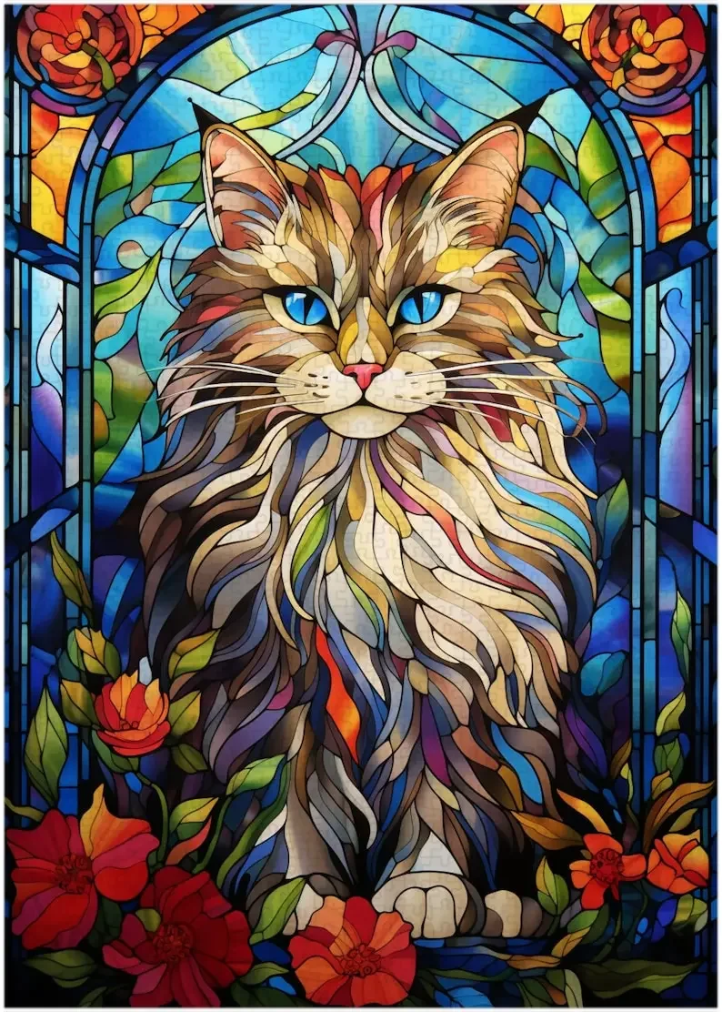 

300-1000 Pieces Jigsaw Puzzle Colorful Glass Siberian Cat Paper Puzzle Vibrant Colors Perfect for Beginners and Advanced Players