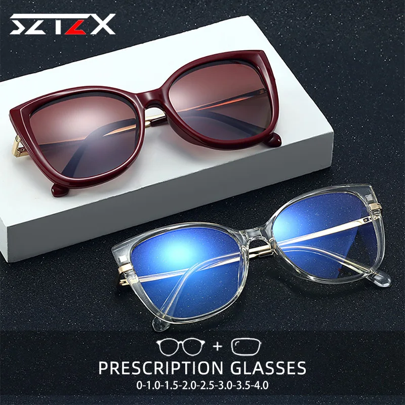 

SZTZX Fashion Magnet Clip On Anti-Blue Ray Reading Glasses Women Cat Eye Prescription Glasses With Polarized Colored Sunglasses