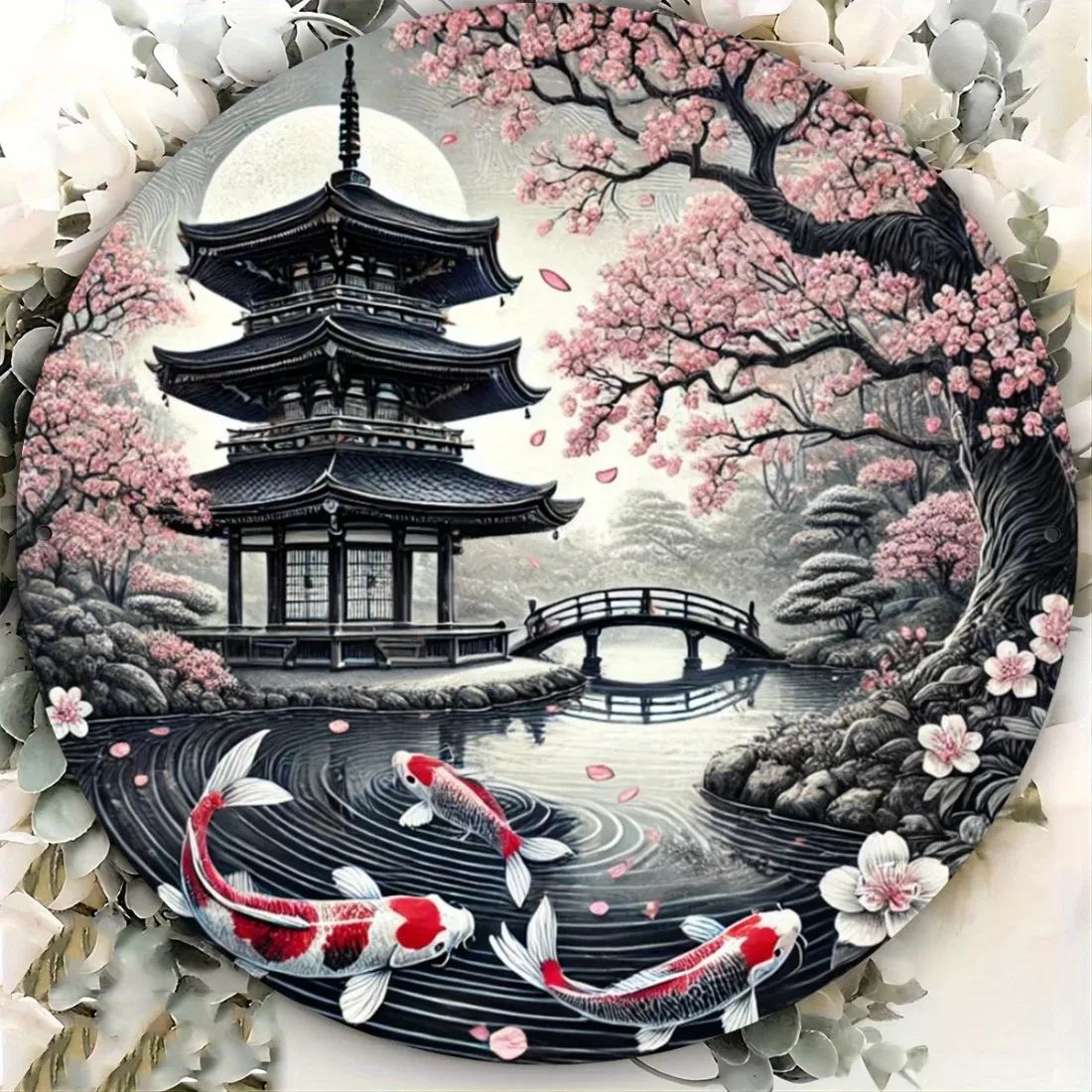 Temple Garden Koi Fish Metal Art Wall Decor Sign, Perfect Gift for Home Art Decor