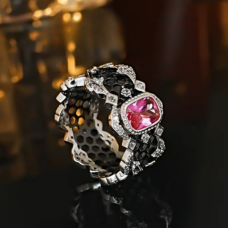 Ruby pink tourmaline ring for women, Italian brushed hollow black lace s925 silver wide lined ring, index finger cool