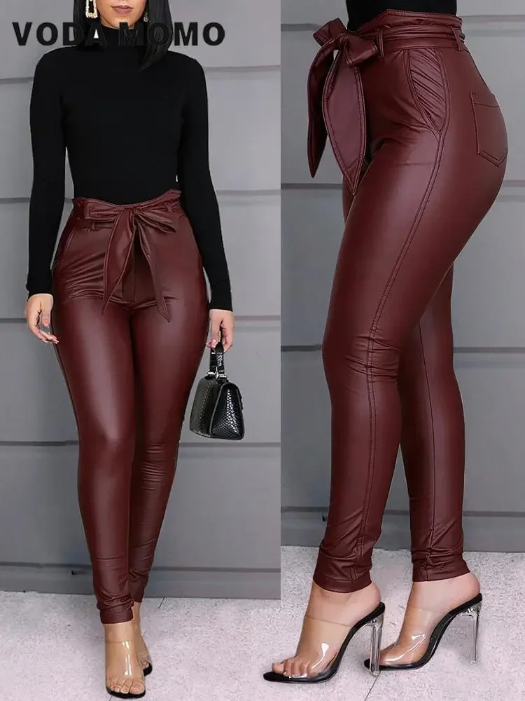 Y2k Womens PU Leather Pants Gothic Sweatpants Retro High Waist Pencil Pant Clothing Hippie Trousers Casual  Aesthetic Streetwear