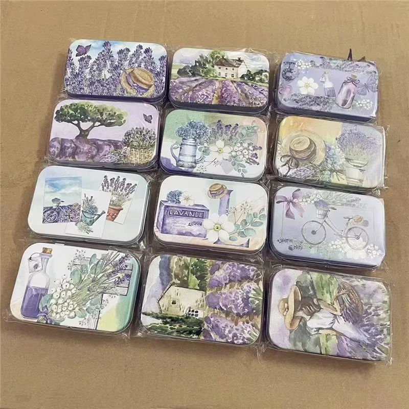 12 Pcs  New oil Painting Style Middle Size Cover Iron Tin Card Metal Pencil Case / Can/Square Coin Ornaments Storage Gift Box