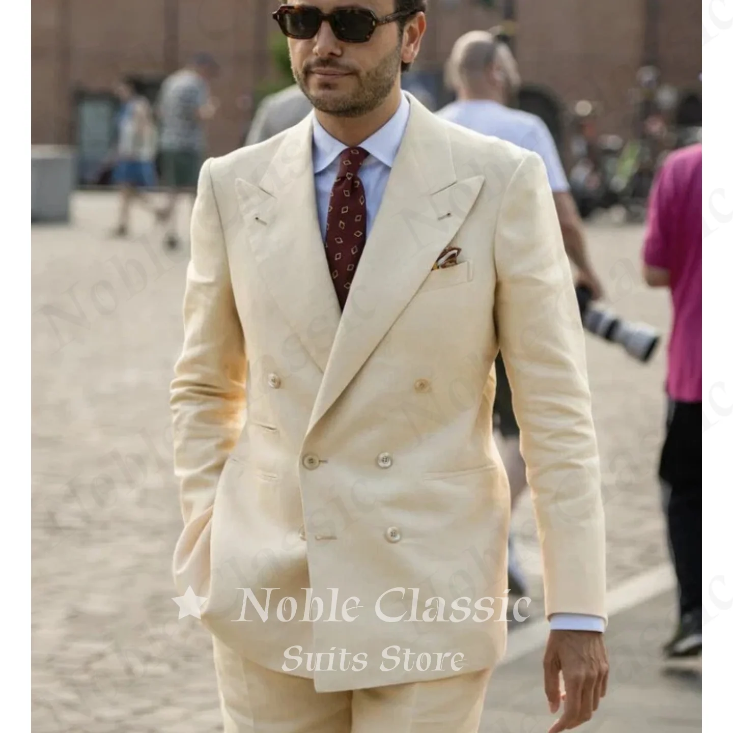Beige Linen Mens Double Breasted Two Piece Suit Wide Peak Lapel Blazer Matching Trousers Italian Formal Wedding Groom Customized