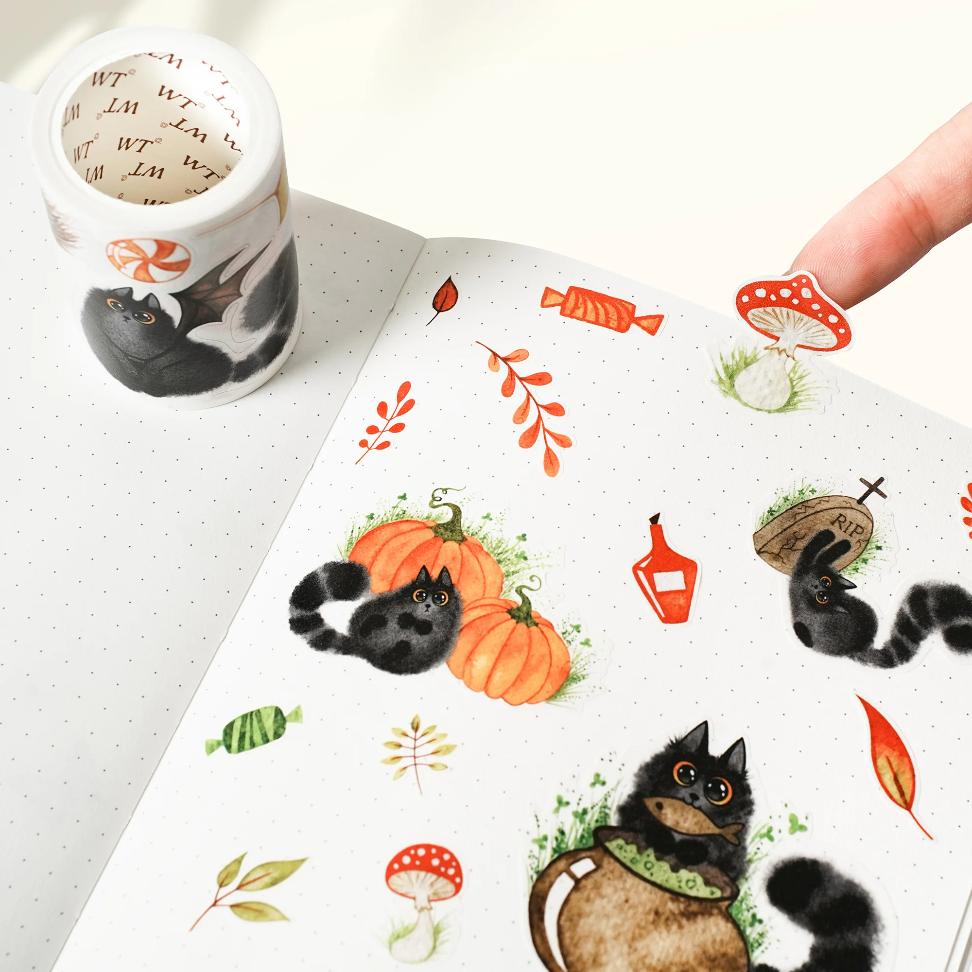 Pita Jurnal Halloween WT Washi PET Die-Cut Tape Kucing dan Lentera Labu Malam Hantu
