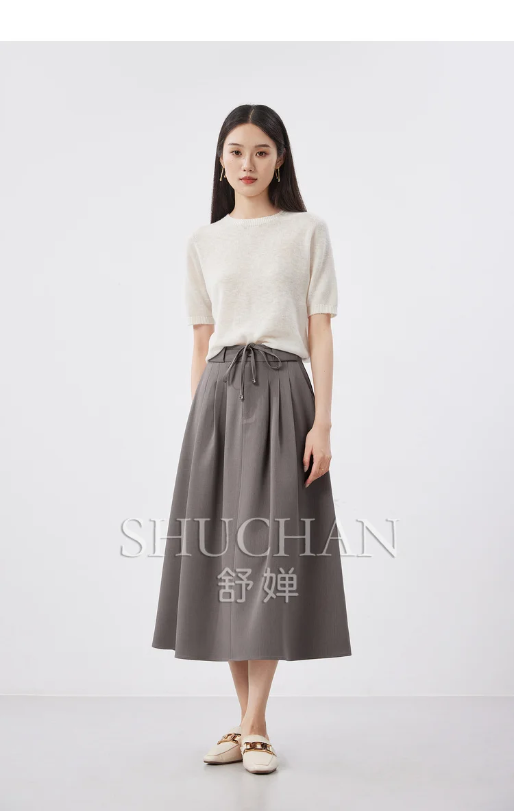 

Elegant Lady High Waist A-shaped Elastic Waist Pleated Lace Up Skirt 2024 Autumn New Long Skirts for Women