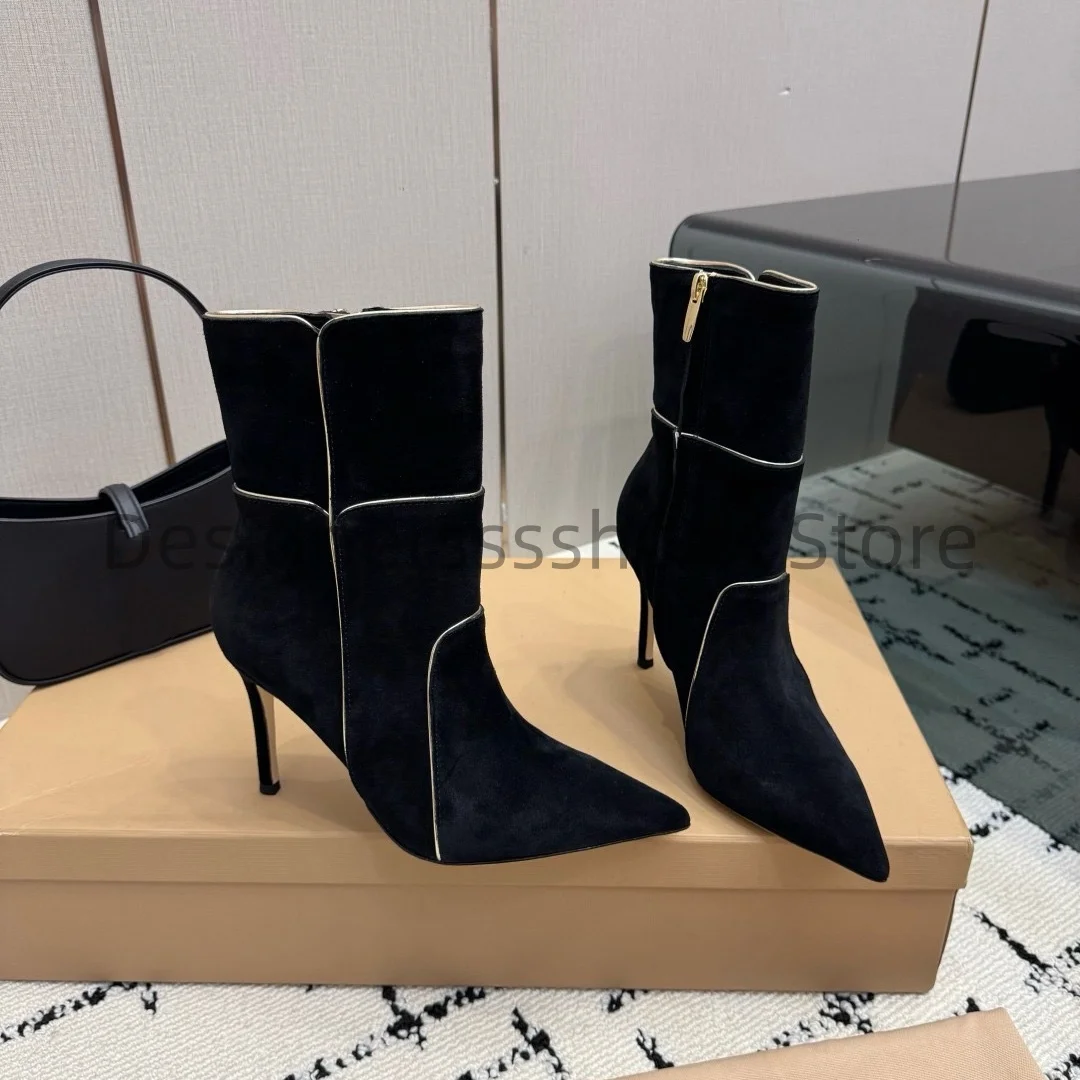 New Autumn Winter Sexy Stacked Ankle Boots High‑luster Suede Cowhide Upper Imported Sheepskin Lining 9.5cm Heel