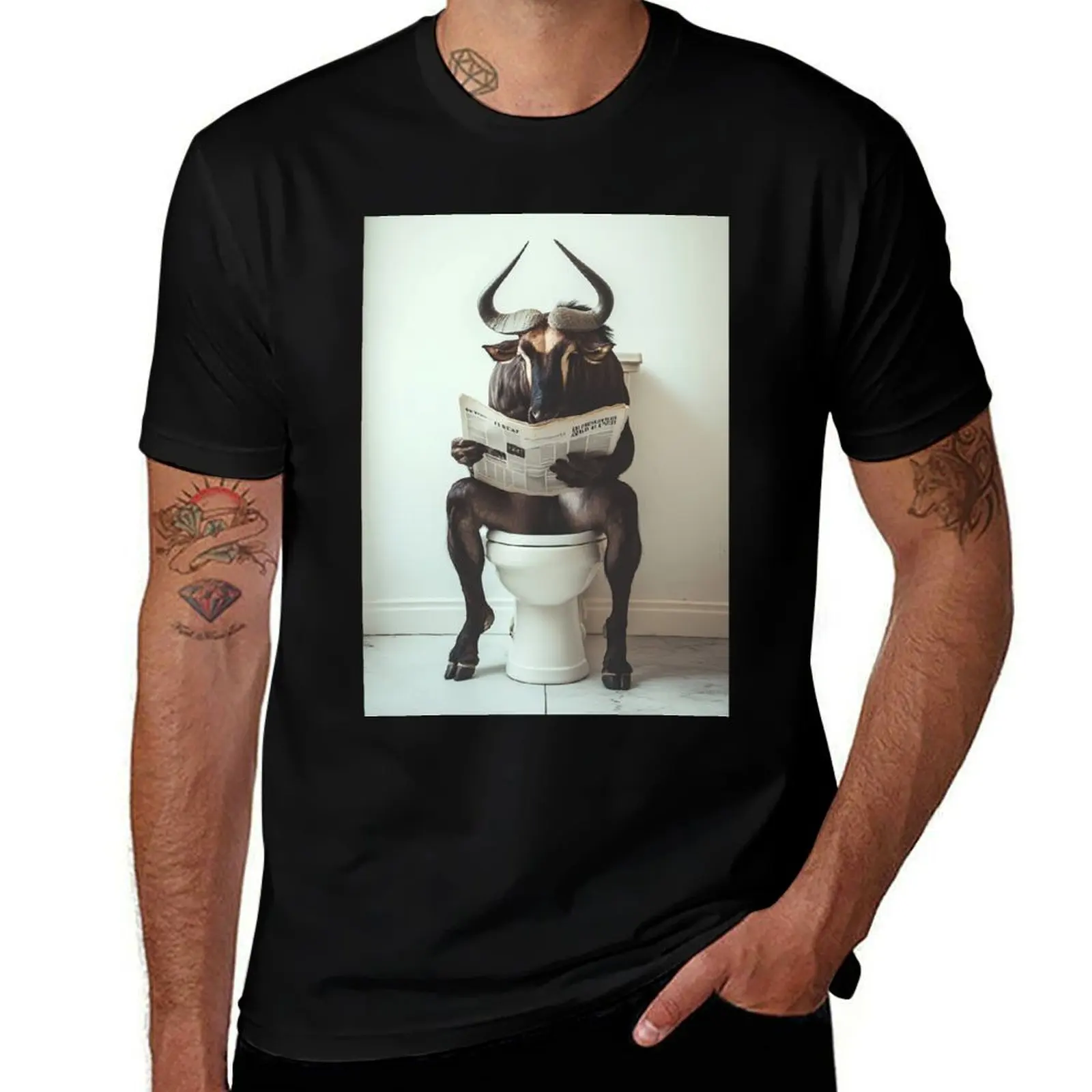 

Wildebeest Sitting on the Toilet Reading a Newspaper T-Shirt summer 2025 designer shirts mens big and tall t shirts