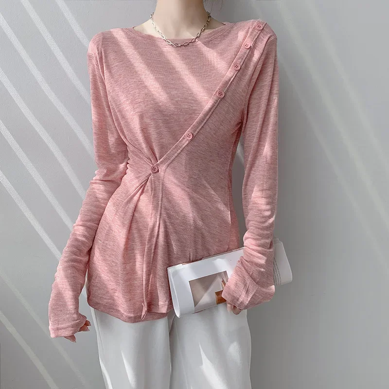 Women Fashion Single Breasted Long Sleeve Slim T-shirts New Summer Casual Sunscreen T-shirt Ladies Chic Irregular Slit Tops Pop