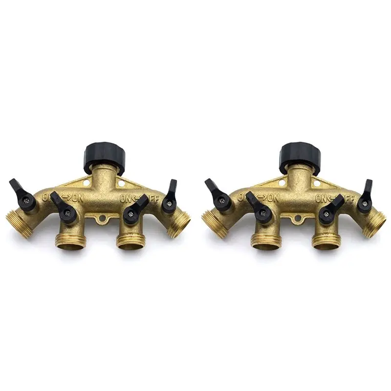 A25F-2X 4 Way Brass Hose Splitter, 3/4Inch Brass Hose Faucet Manifold, Garden Hose Connector Tap Splitter, Solid Brass-Yellow