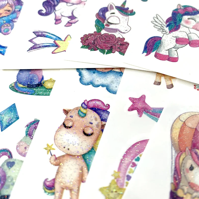 10 Blatt/Set Bunte Glitzerpulver-Tattoos-Aufkleber, Cartoon-Tier, Einhorn, Prinzessin, Fahrzeug, temporäres Fake-Tattoo für Kinder