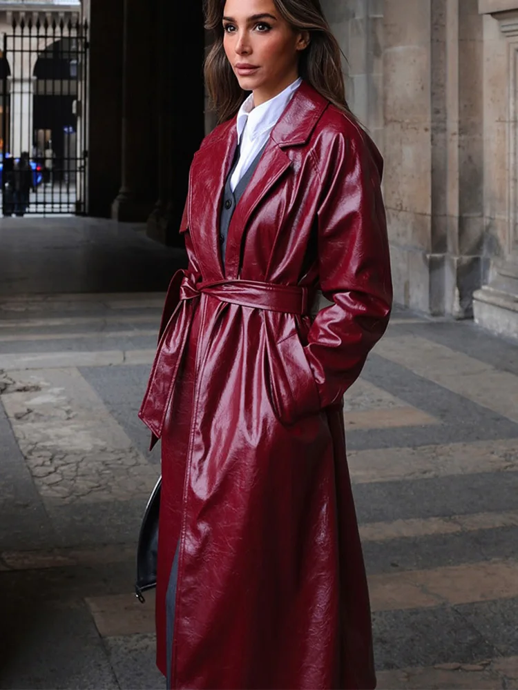 

HH Women's Fashion Faux Leather Windbreaker 2024 Long Sleeve Lapel Pocket Slim Belt Single Breasted Lady Trench Outerwears