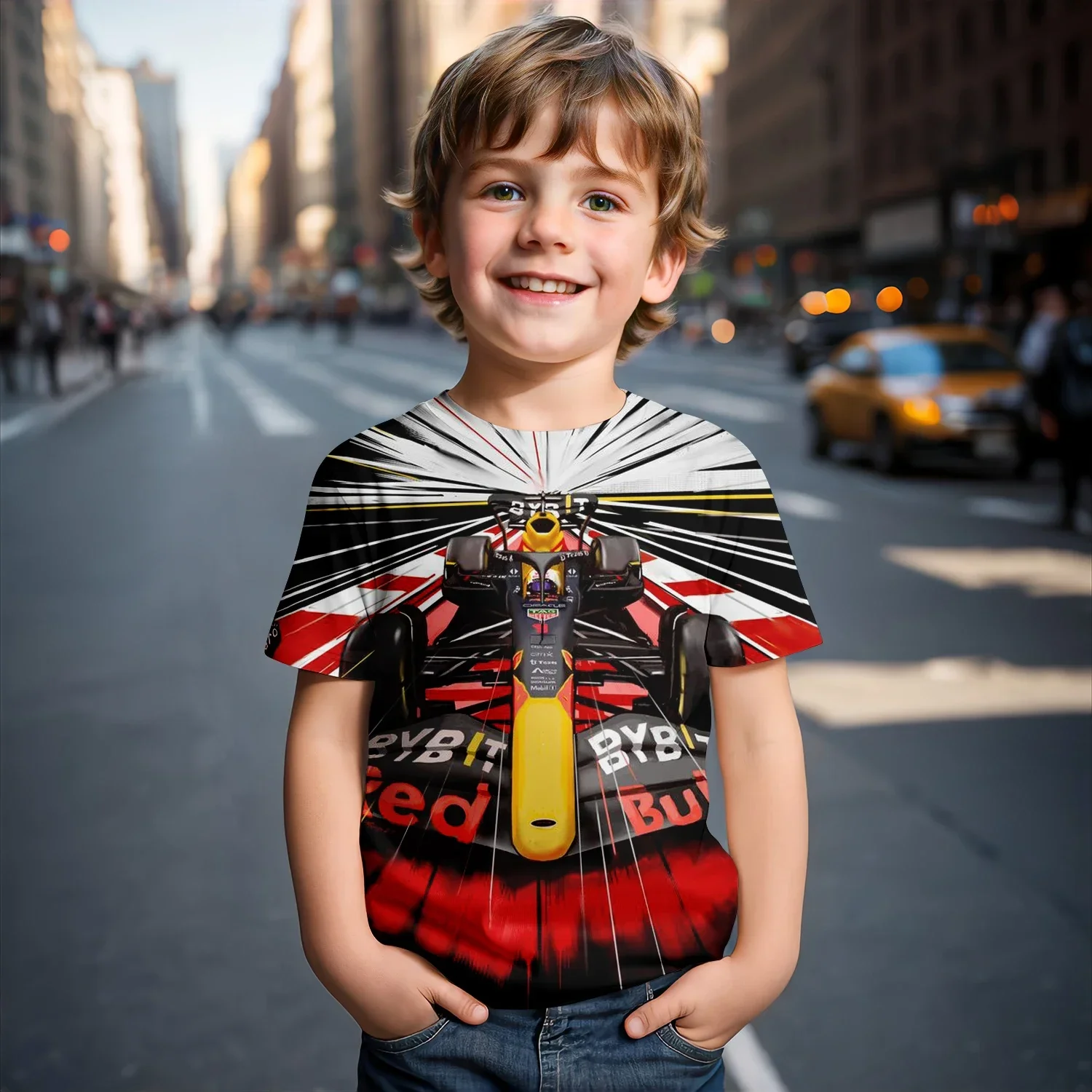 

F1 racing 3D pattern neutral children's T-shirt clothing, quick-drying, breathable, fashionable and trendy children's clothing