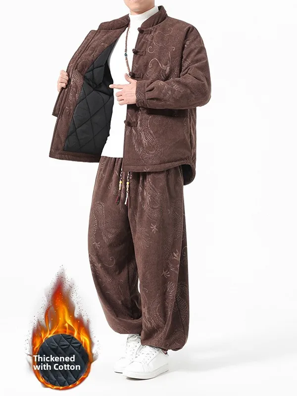 

Thiened Dragon Pattern Chinese Sle Winter Cotton Padded Jaet And Pants Set Loose Fit Velvet Traditional Hanfu Two Pieces