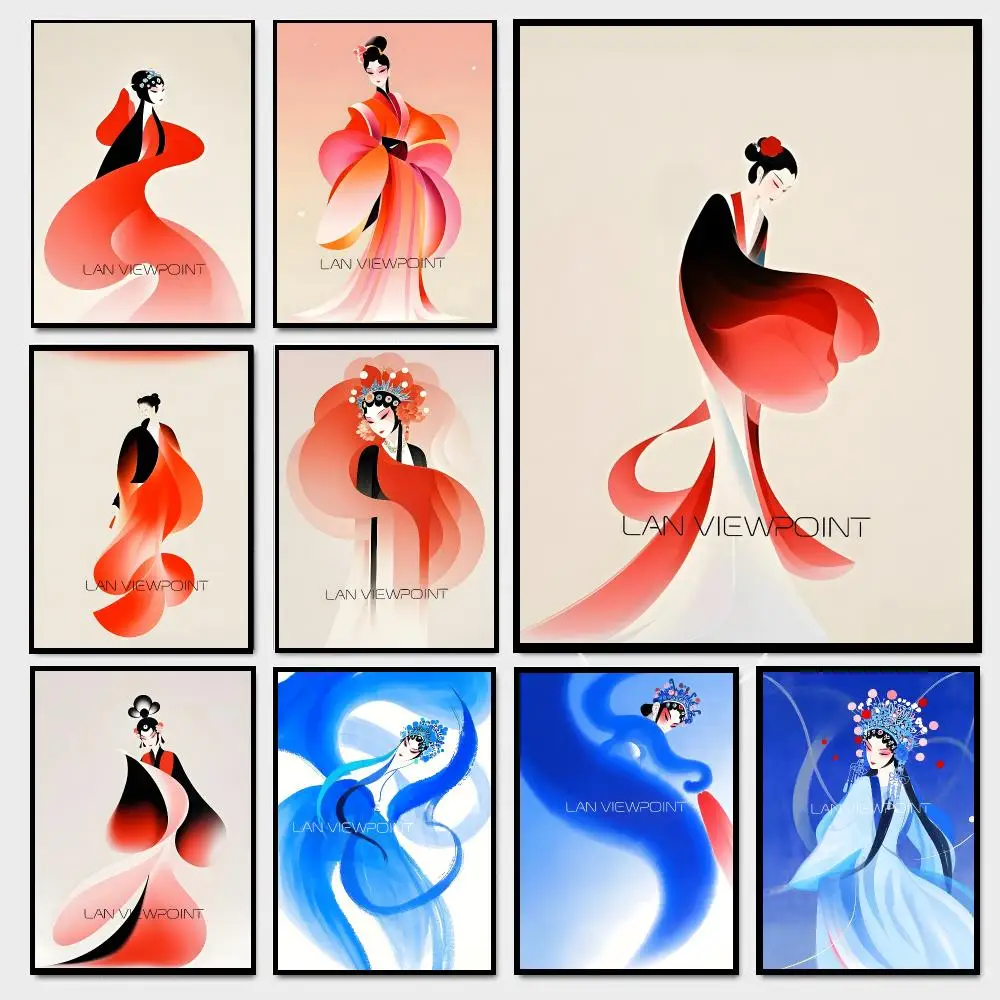 Oriental Chinese Opera Beautiful Art Collection Poster Moisture-proof Self-adhesive Decor Living Room Bedroom Party