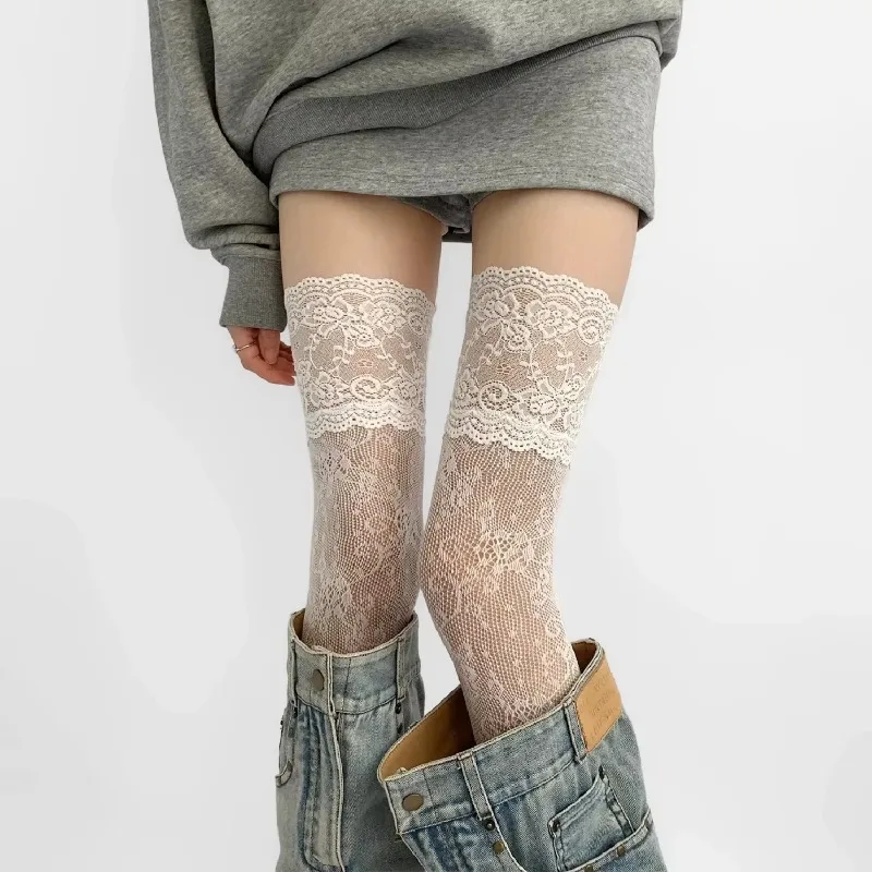 

Sexy Women's Flower Lace Fishnet Thigh High Stockings Japanese Style JK Girl Sweet Lace Trim Frilly Over Knee Socks Long Socks