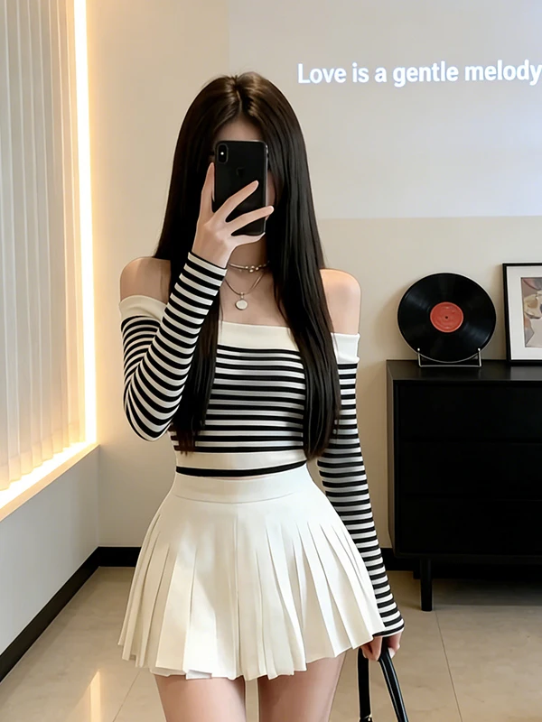 

Color Block Striped One Shoulder Long Sleeve T-Shirt Skirt Set Women's Spring Korean Style Pure Desire Fashion Set High Waist...