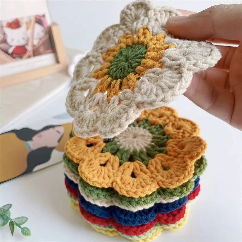 

1PC Flower Knitted Coasters Woven Sunflower Handmade Crochet Insulated Mat Non-slip Coaster Table KnittingMats Kitchen Accessory