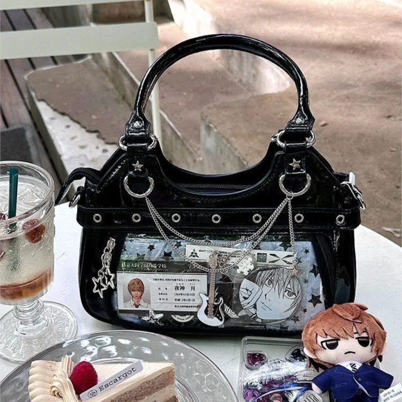 

JIAERDI Harajuku Star Ita сумка женская двойной ремень регулируемая прозрачная кожаная сумка-тоут субкультура повседневная универсальная сумка на плечо Y2K