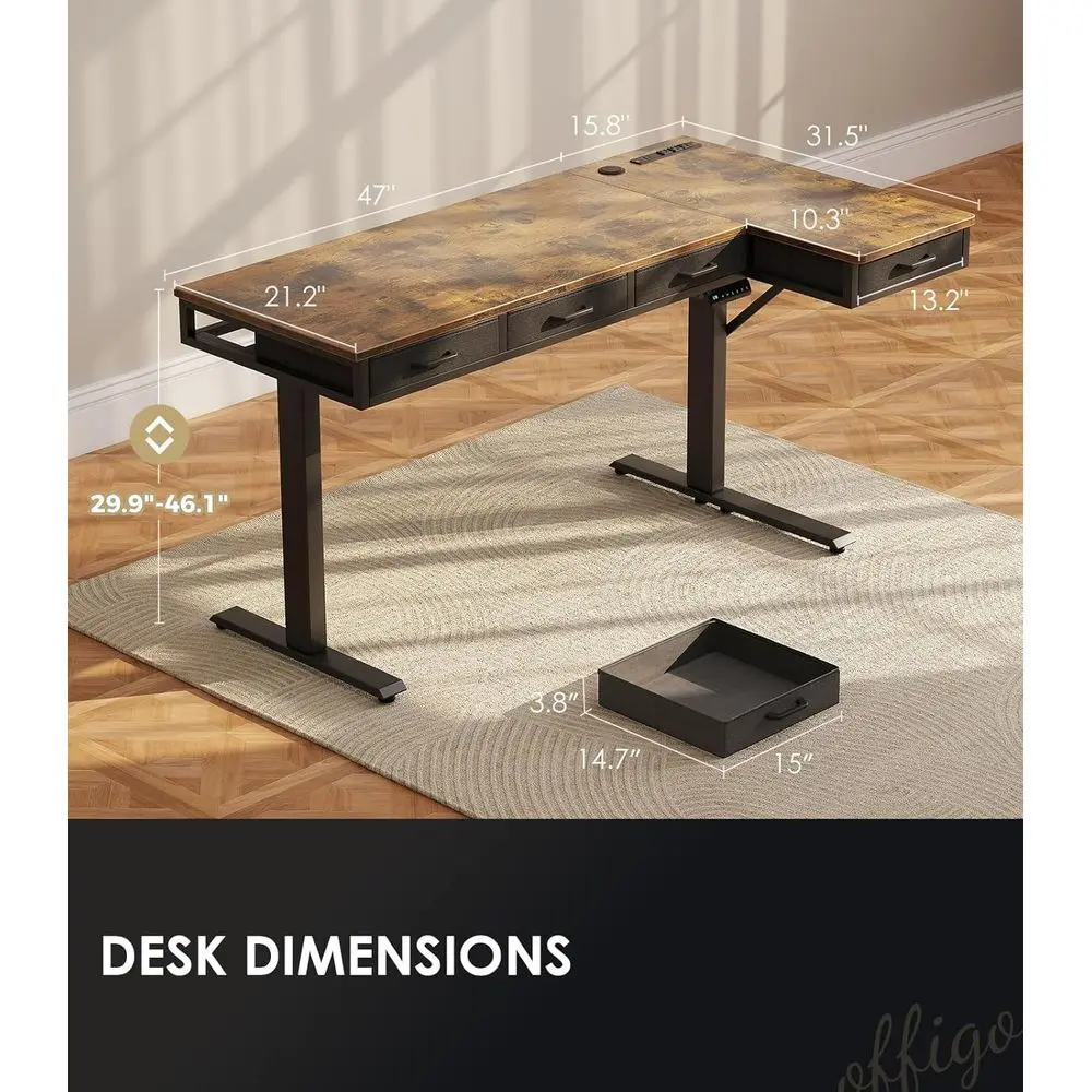63 مكتب كهربائي كبير على شكل حرف L مع أدراج، ارتفاع قابل للتعديل، مخرج طاقة، بني ريفي للاستخدام المنزلي/المكتب #3