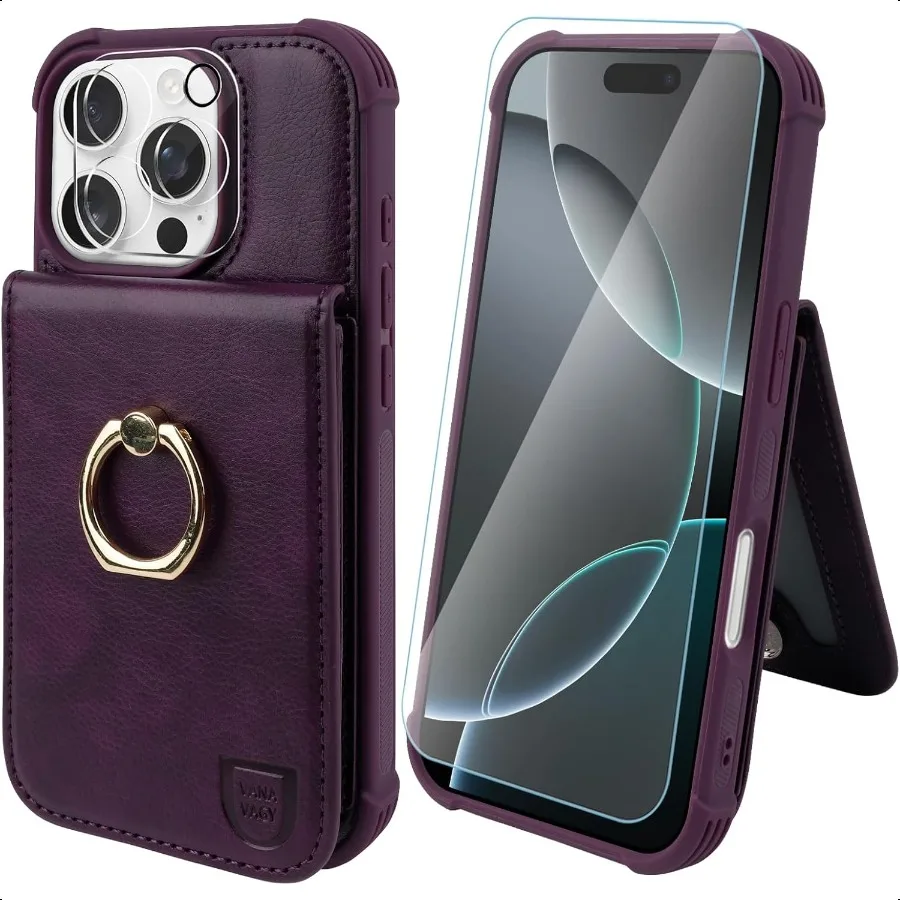 

VANAVAGY Compatible for iPhone 16 Pro Wallet Case with Credit Card Holder and Coin Pocket[360 Rotation Ring Kickstand ]Leather