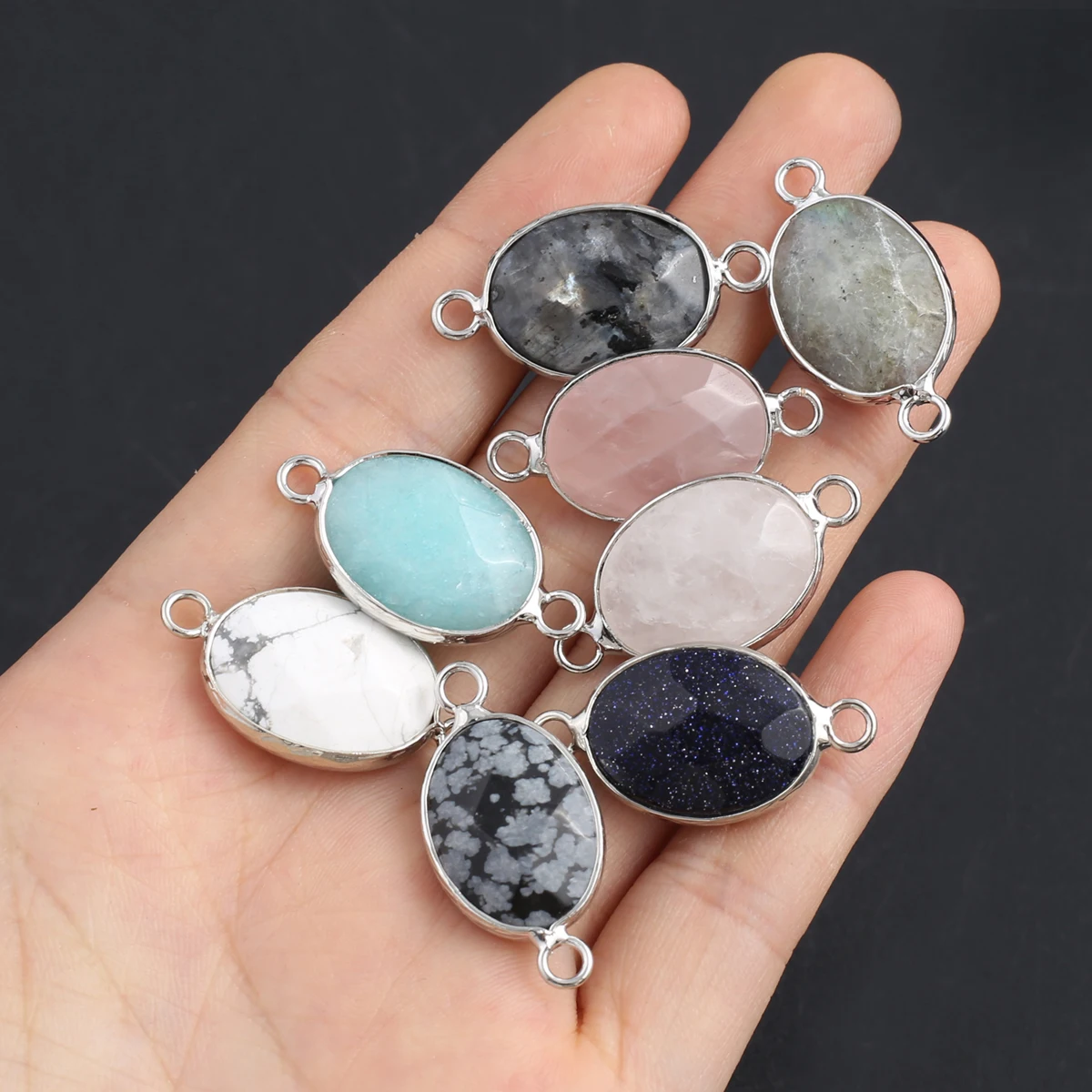 Natural Stone Agates Pendants Sliver Color Pink Quartz Double Hook Connectors for Jewelry Making Necklace Bracelet Accessories