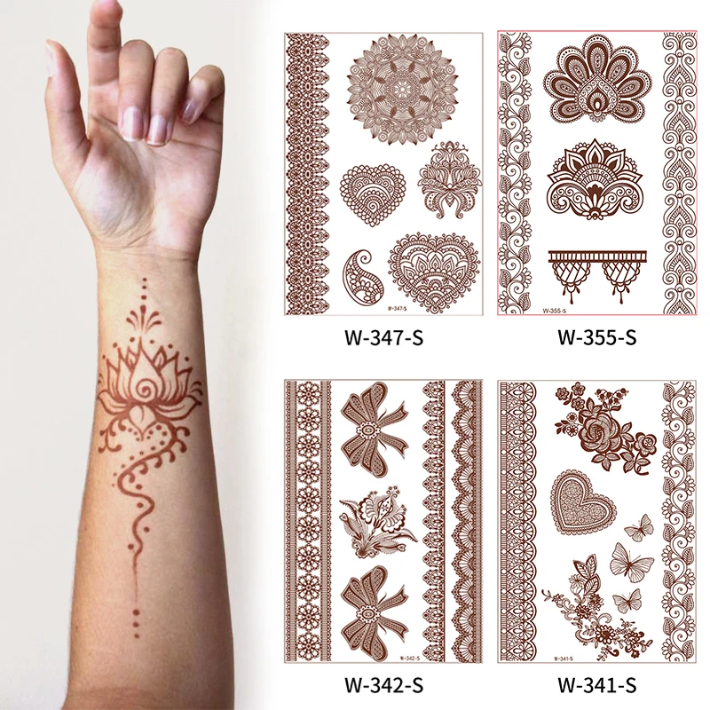 Brown Henna Lace Temporary Tattoos Sticker For Women Mehndi Stickers for Hand Neck Body Feather Flora Henna Tattoo Waterproof