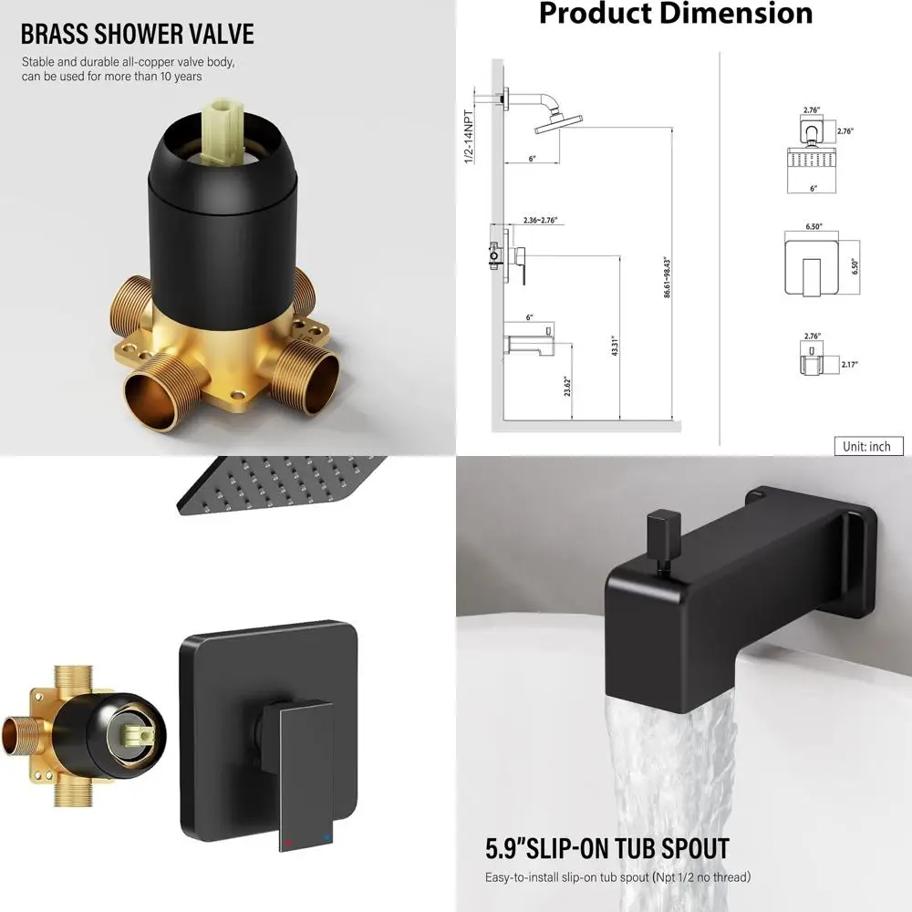 

6 Rain Shower Head & Tub Spout Set with Metal Single-Handle Faucet Trim Kit in Matte Black