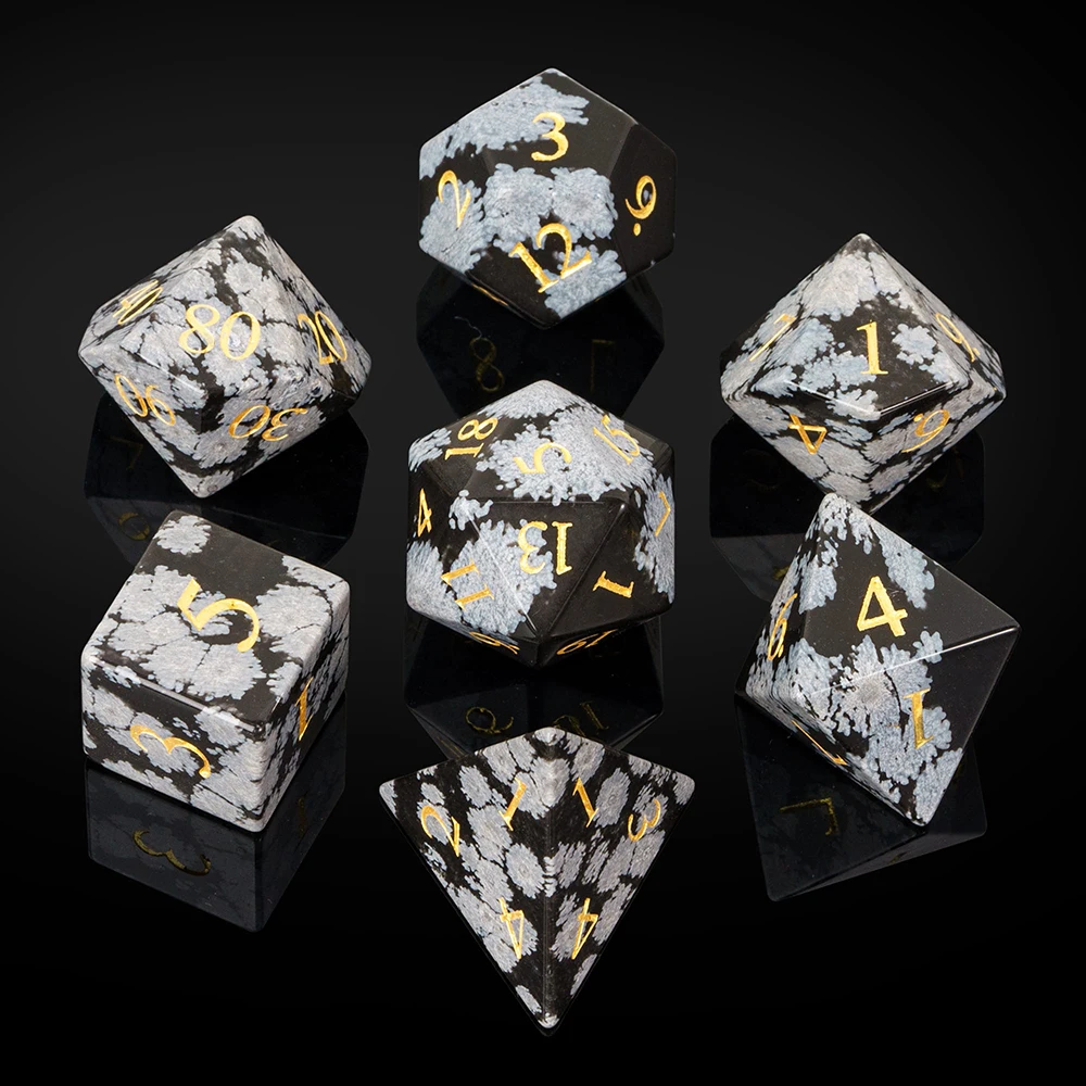 Cusdie 7Pcs Snowflake Stone Dice, Handmade 16mm Polyhedral Gemstone Dice Set with Leather Box, D&D Game Dices for Collection