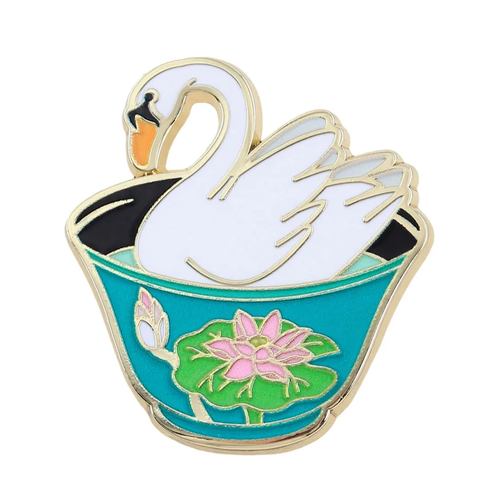 Cute White Swan Enamel Brooch In Lotus Bowl Cartoon Animal Lapel Pin Badge Backpack Hat Fashion Jewelry Accessories Cute Gift