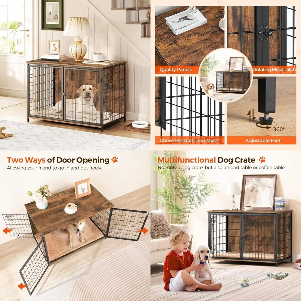 

Sturdy Wooden Dog Crate with Cushioned Interior and Double Entry Doors for Various Dog Sizes, Suitable for Indoor Use