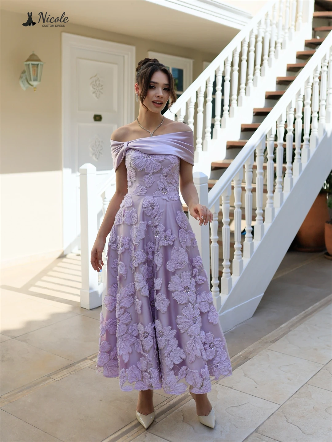 نيكول فساتين الحفلات المسائية الأنيقة الفاخرة 2025 فستان سهرة فاخر مصنوع حسب الطلب 2D التطريز الزهور خط كتف البطاقة #6
