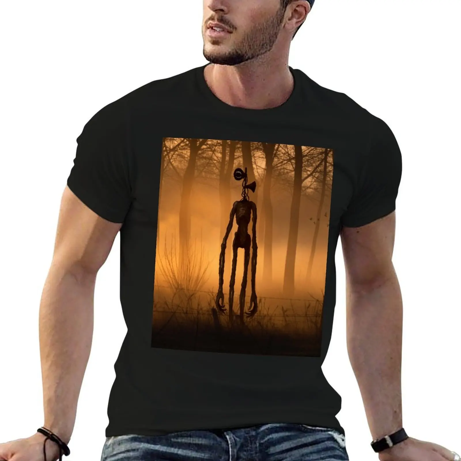 

Siren head in orange horror forest T-Shirt t shirts for man pack cotton man t shirt designer T-Shirt
