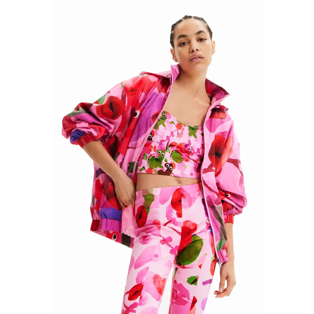Positioned printed red lip design, women's long sleeved jacket with detachable hood for spring and autumn styles