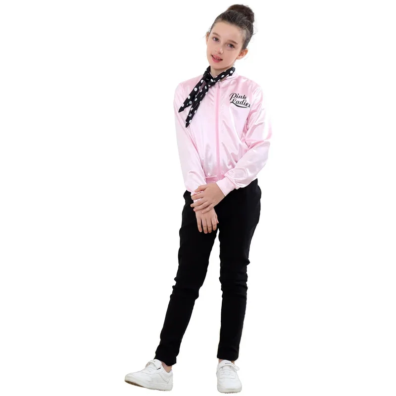 Grease Cosplay Costume The Pink Ladies Gang Girl Women Jacket Kids Retro Fancy Cheerleader Jacket Halloween Carnival Party Cl&J1