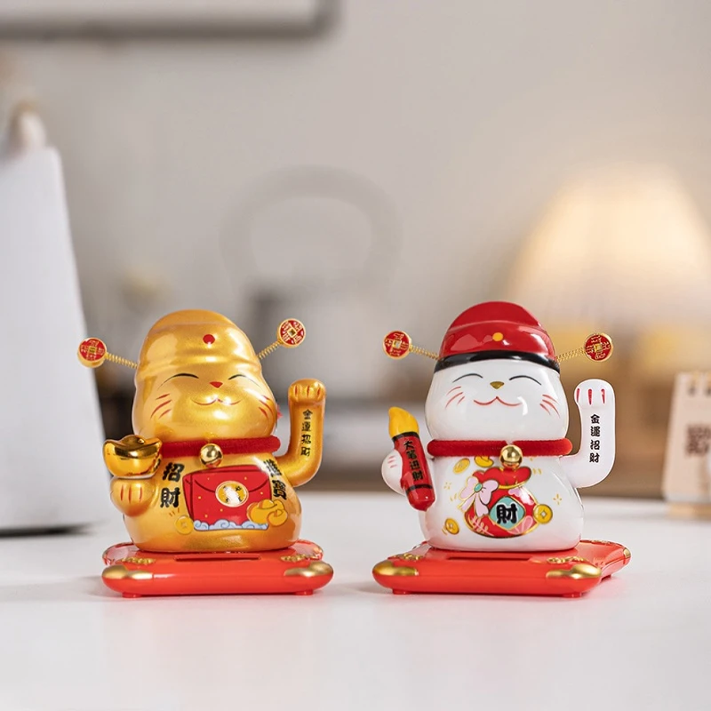 Solar Waving Lucky Cat Ceramic Fortune Cat with Red Hat, Auto Moving Paw for Wealth, Home Office Car Decor, Gift for Prosperity