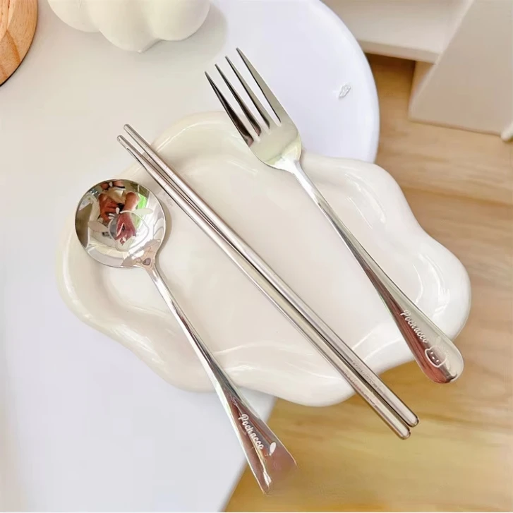 Sanrio Spoon Fork Chopsticks 3 Piece Set Cute Kuromi Pompompurin Hello Kitty Stainless Steel Child Tableware Kitchen Supplies image 3