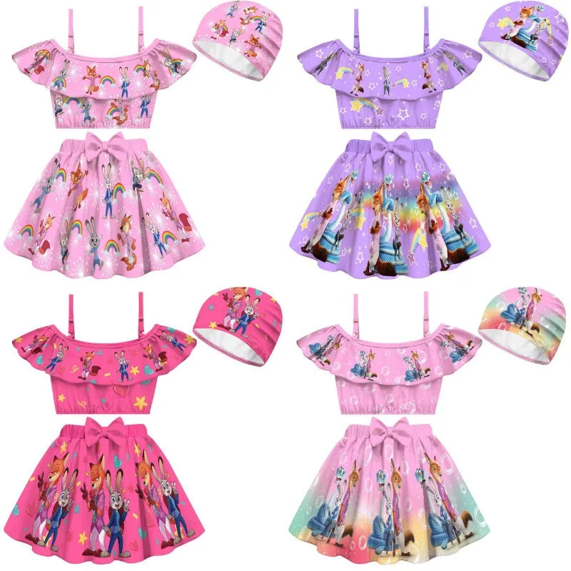 

Новый комплект купальников для девочек Zootopia 2 — милый дизайн с открытыми плечами и бретелями, с подходящей шапочкой, очаровательная детская одежда для пляжного отдыха