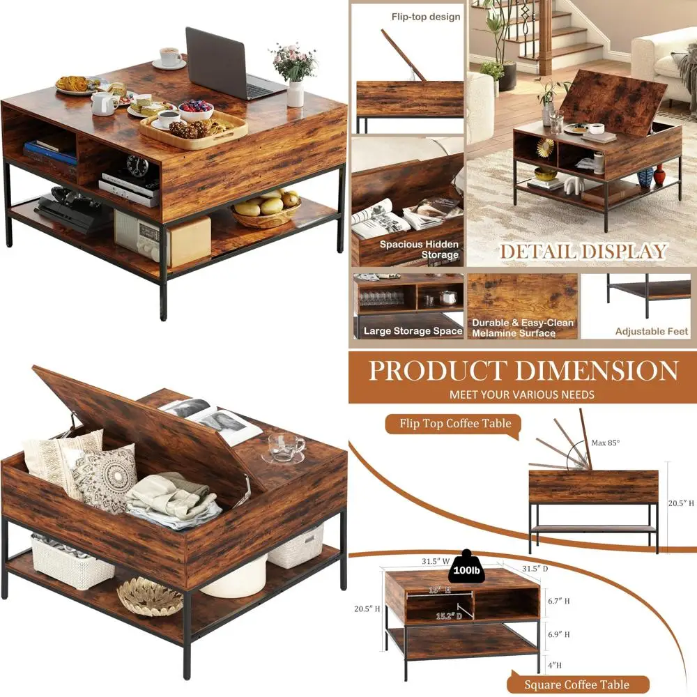 Nowoczesny prostokątny stolik kawowy w stylu farmhouse z przegródką do przechowywania i funkcją podnoszenia blatu, wykończony ciemnym orzechem i czarnym metalu.