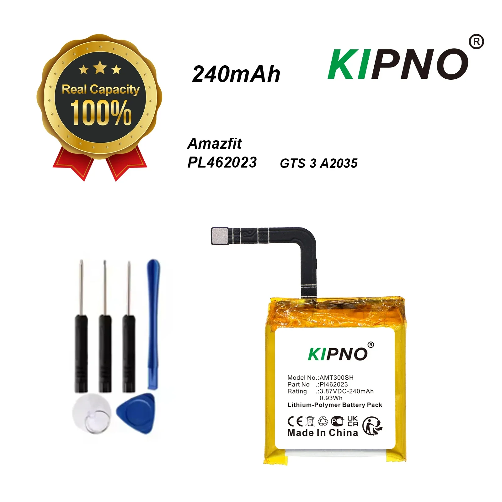 

KIPNO 240mAh PL462023 Polymer Li-Ion Battery Cell for Amazfit Gts 3 A2035 Smart Sports Watch with Free Replacement Tools