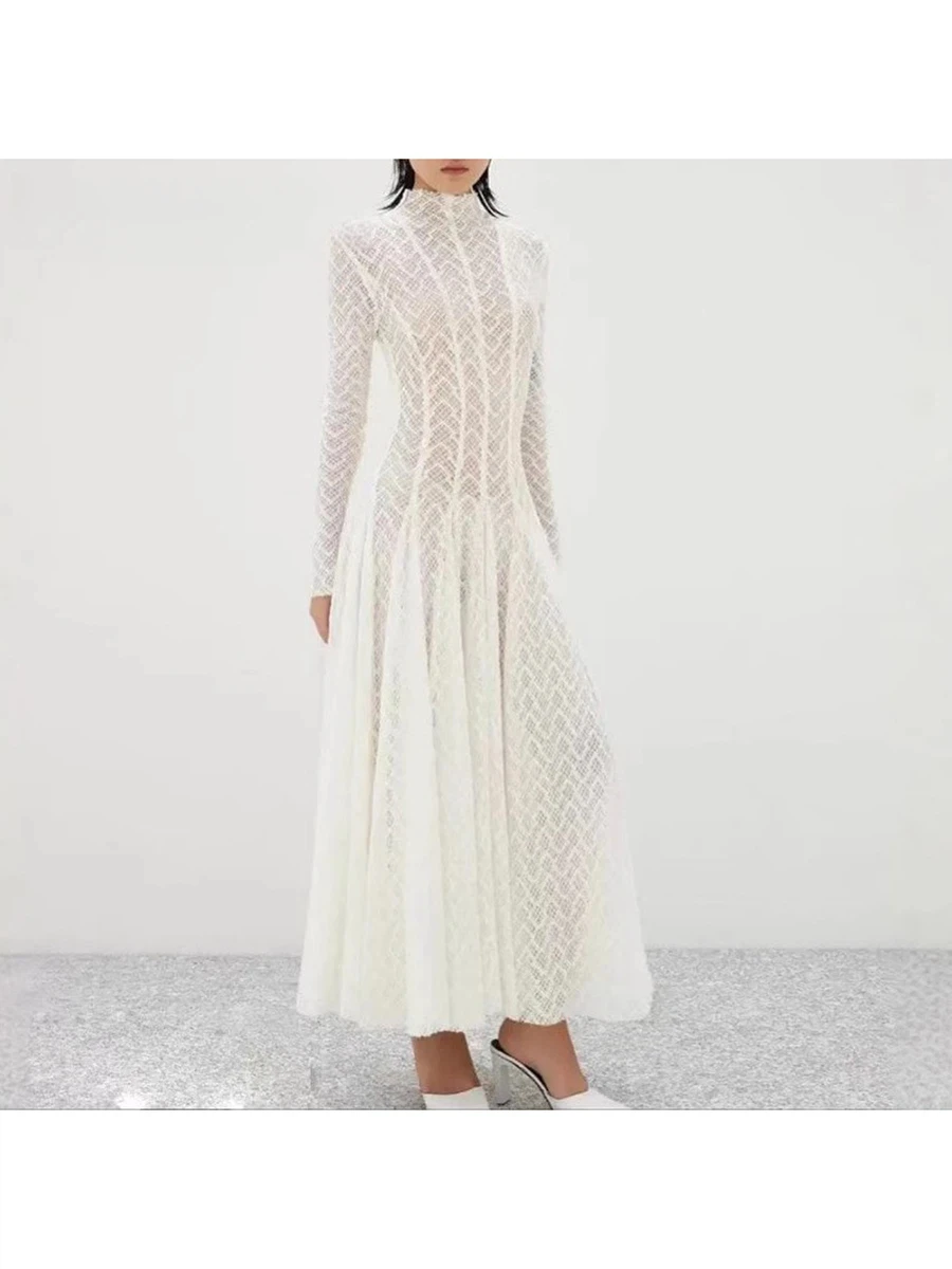 

Chic Hollow Out Mesh Long Dresses For Women Stand Collar Long Sleeve Slimming High Waist