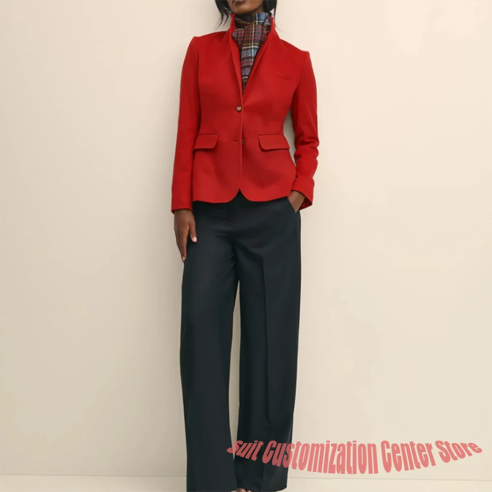 Women's Navy Woolen Clothes Single-Breasted Two Piece (Jacket+Pants) Set Chic Winter Office Lady Wear Casual Daily Outfit