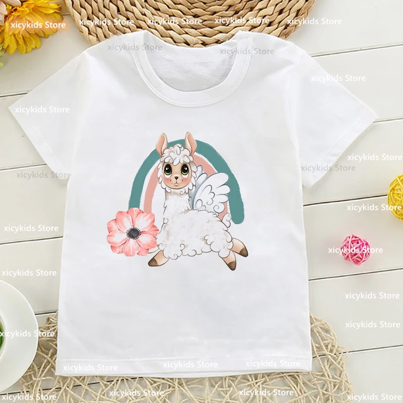 T-Shirt For Boys/Girls Watercolor Lama Rainbow Animal Print Baby Children'S Clothing Tshirts Cute Boys/ Girls Universal Clothes