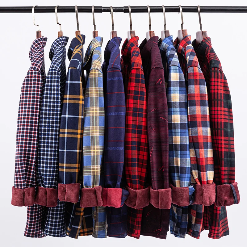 

Men's thickened plus velvet plaid shirt mens shirts winter large size thermal men clothing kemeja pria korea style streetwear