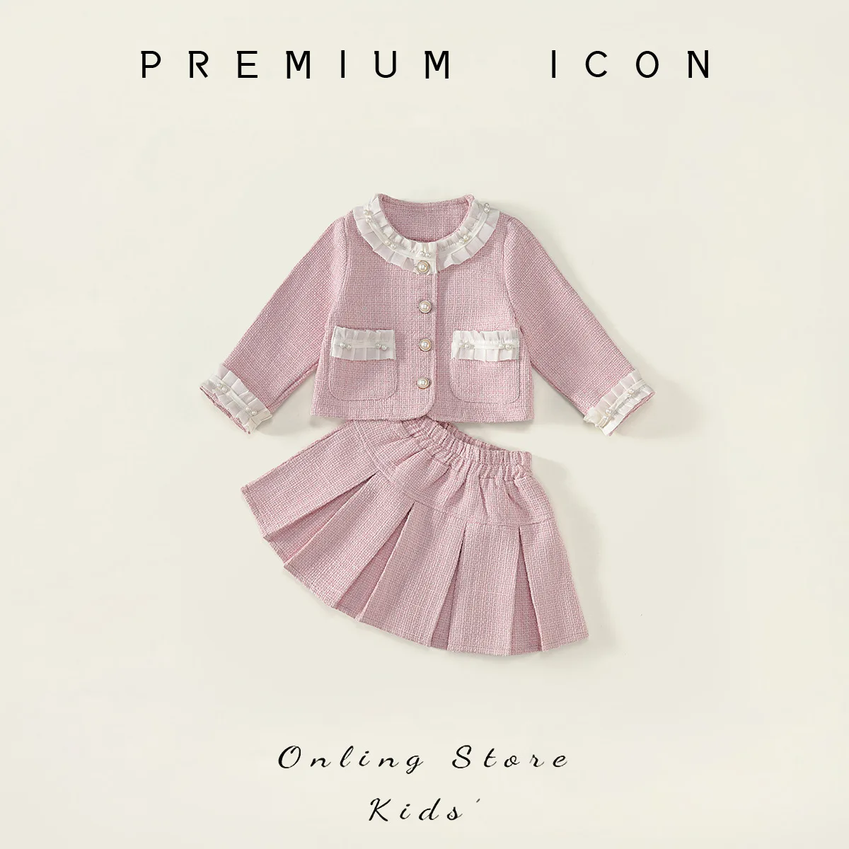 

Autumn Children Girl 2PCS Clothes Set Cotton Pink Lace Spliced Kid Girls Coat Suit Solid Sweet Little Girls Pleated Skirt Outfit