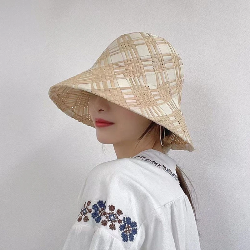 

Trendy Wide Brim Fisherman Hat Summer Raffia Stitching Sun Hat Foldable Bucket Hat Sun Protection Gift for Mother's Day