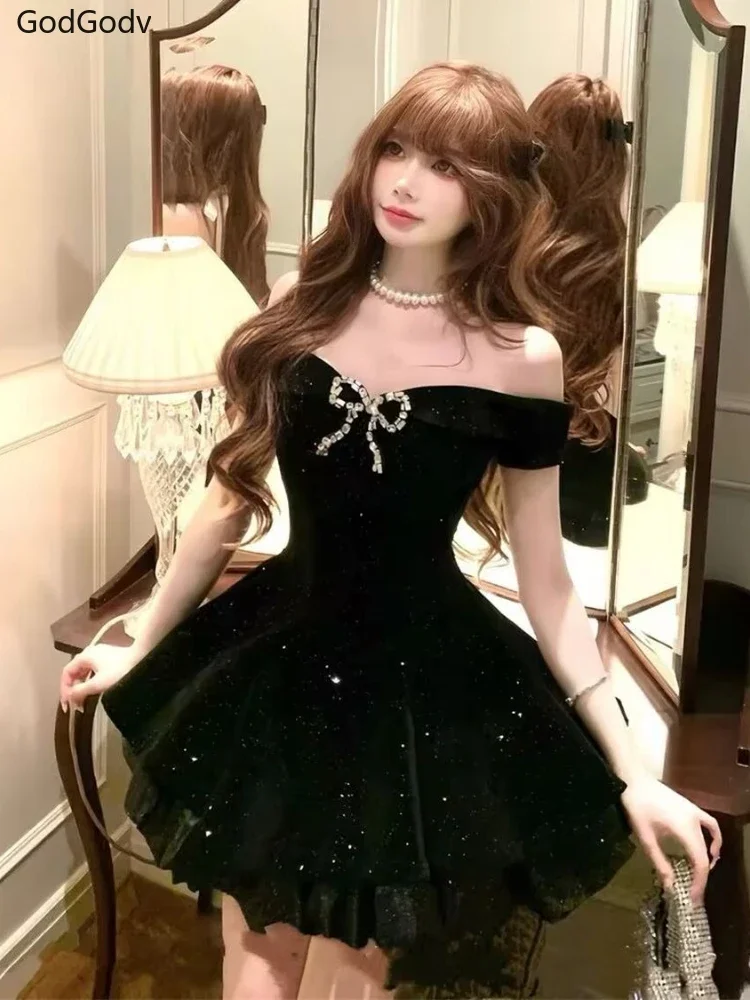 Black French Vintage Elegant Design Woman Dress Gothic Off Shoulder Retro Mini Dress Female Fairy Birthday Party Chic Outfits - Image 4