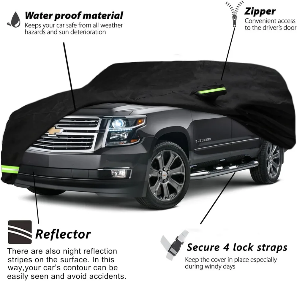 

Waterproof Car Cover for 2007-2024 Chevy Suburban, GMC Yukon XL, Cadillac Escalade ESV, Custom Fit with Zipper and Straps