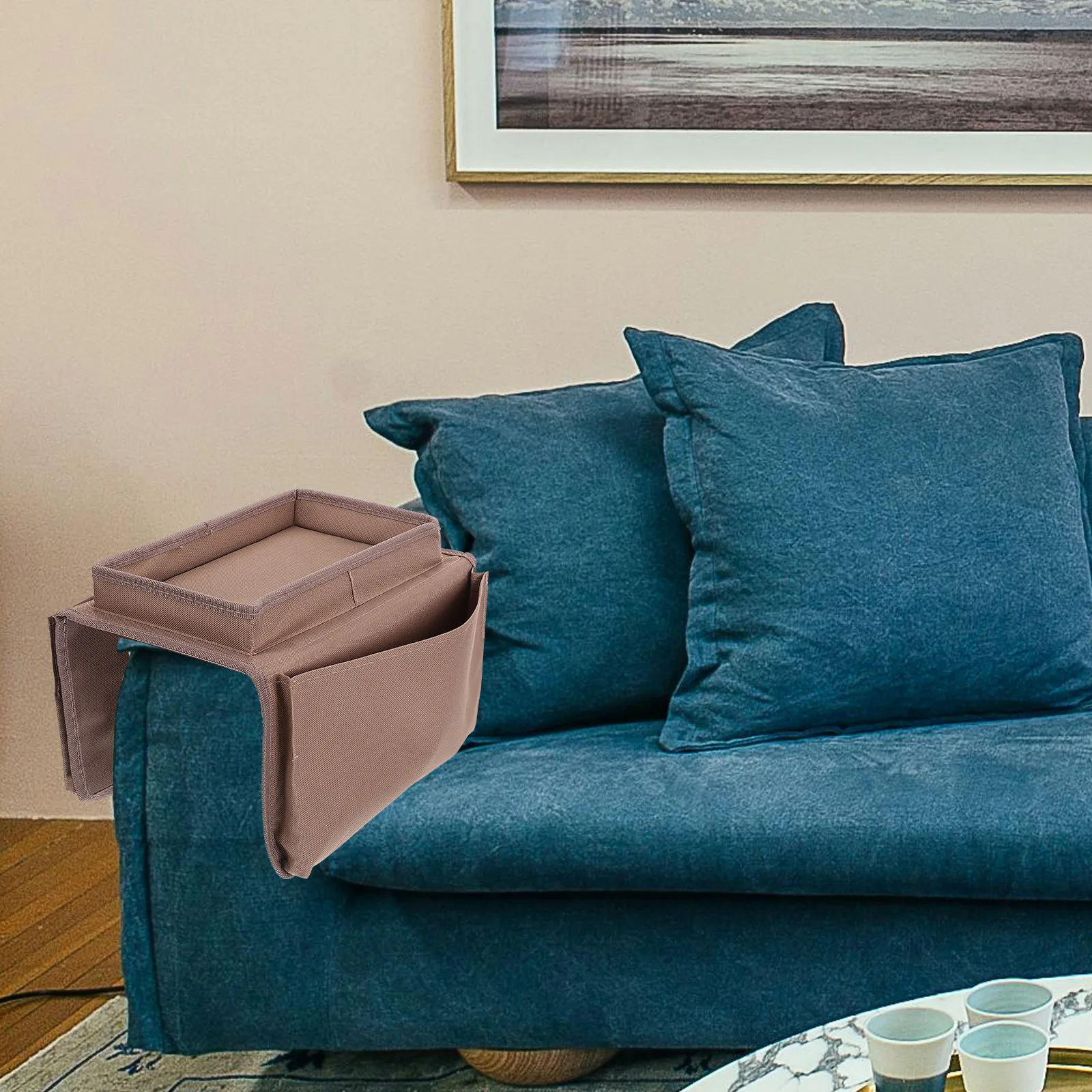 

Sofa Armrest Storage Bag Durable Oxford Cloth Organizer Cup Holder Tray Couch Large Pocket 3 Small Pockets Collapsible Tidy