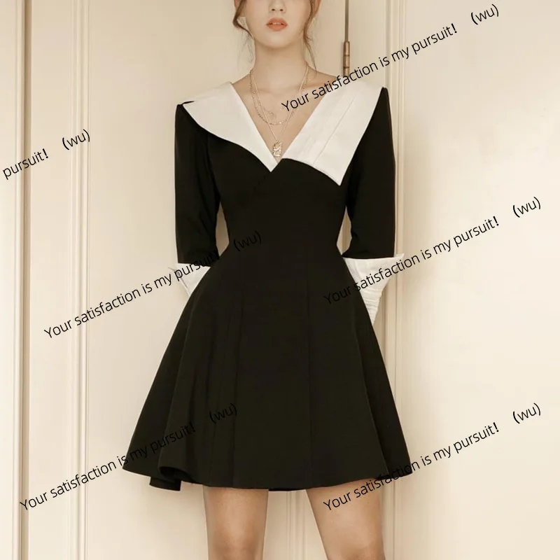 

Нишевое легкое роскошное платье в стиле Хепберн, платье на день рождения, черно-белое, контрастного цвета, тонкое повседневное платье с v-образным вырезом и длинными рукавами