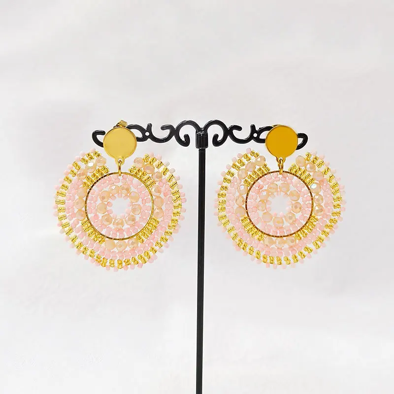 Rice bead earrings Sunflower Crystal Graph Roundness Hand knitting Bohemia Alloy Fashion Simple Beaded earrings